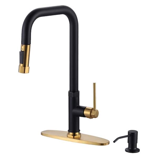 Brass Single Handle Pull Down Sprayer Kitchen Faucet with 2-Mode Advanced Spray and Soap Dispenser in Black and Gold