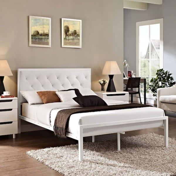 MODWAY Mia White Metal Frame Full Platform Bed with Upholstered Headboard