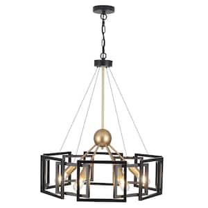 6-Light 24.4 in. Black/Gold Industrial Sputnik Sphere Geometric Drum Chandelier Pendant Light Fixture for Living Room