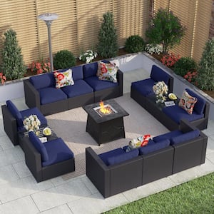 13PC Wicker Patio Fire Pit Sectional Seating Set with Blue Cushions