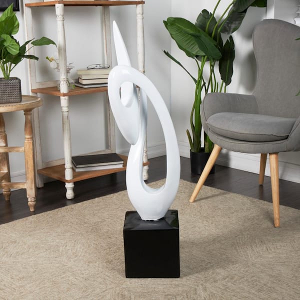 Litton Lane 8 in. x 40 in. White Polystone Swirl Abstract Sculpture with Black Base