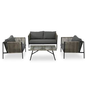 4 Piece Rope Outdoor Patio Furniture Sectional Sofa Session Set with Gray Thick Cushions and Tempered Glass Table