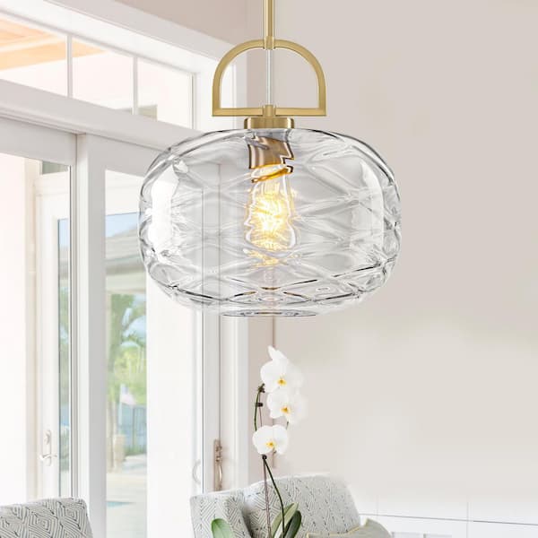 12 in. 1-Light Modern Gold Lantern Pendant Light with Clear Textured Glass Shade for Bedroom