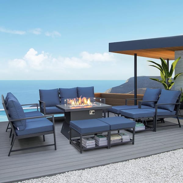 FINCATI Modern 12 Person Black Aluminum Patio Conversation Sofa Set with Fire Pit Table and Blue Cushions