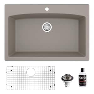 QT-712 Quartz/Granite 33 in. Single Bowl Top Mount Drop-In Kitchen Sink in Concrete with Bottom Grid and Strainer