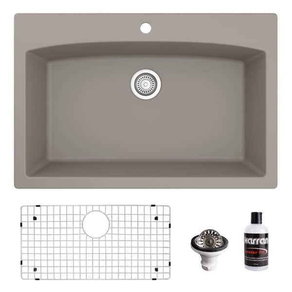 Karran QT-712 Quartz/Granite 33 in. Single Bowl Top Mount Drop-In Kitchen Sink in Concrete with Bottom Grid and Strainer
