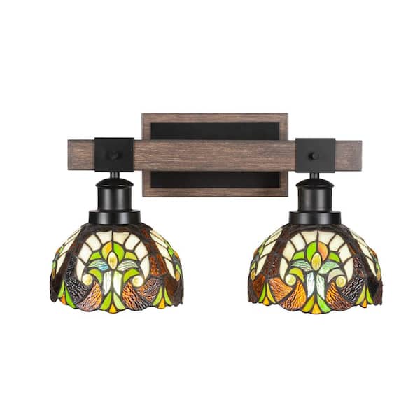 Unbranded Richmond 17 in. 2-Light Vanity Light Black/Painted Wood-look Metal with 7 in. Art Glass Shades no bulbs included