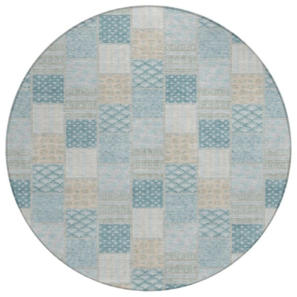Chantille Machine Washable Indoor/Outdoor Abstract ACN2923 Teal 8 ft. x 8 ft. Round Rug