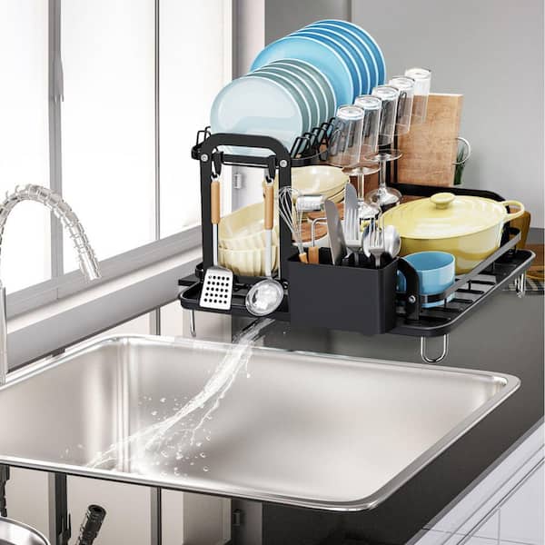 2-Tier Black Carbon Steel Detachable Dish Rack with Drainboard for Kitchen Counter