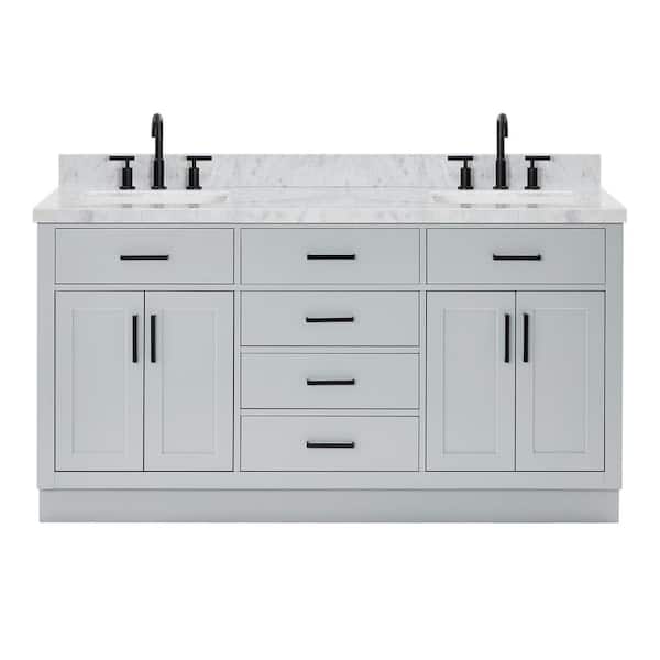 Hepburn 66 in. Double Sink Freestanding Bathroom Vanity in Gray with Carrara White Marble Top