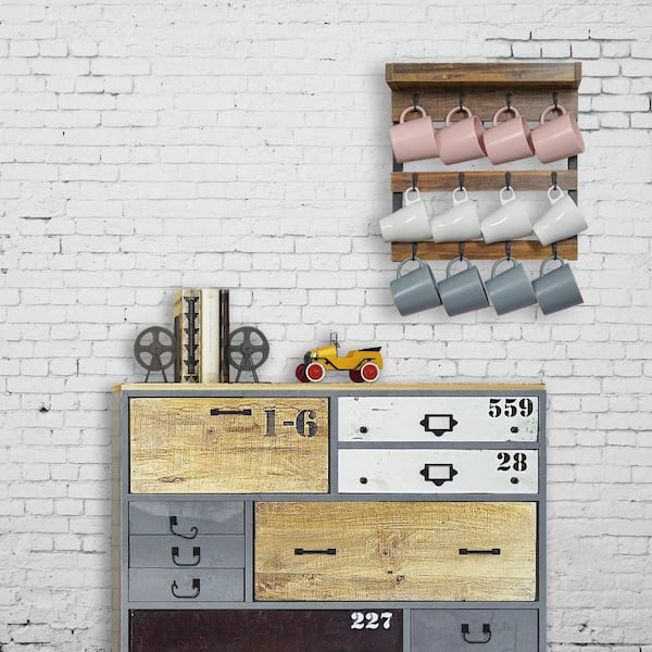 Wall-Mounted Coffee Mug Rack with 12 Hooks and Storage Shelf, Rustic Wood Cups Rack for Home and Kitchen