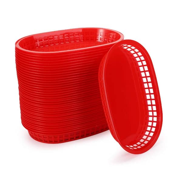 40-Pack Red Plastic Fast Food Baskets, 10.5 x 7 x 1.4 in. Food Service Trays for Burgers, Fries & Sandwiches