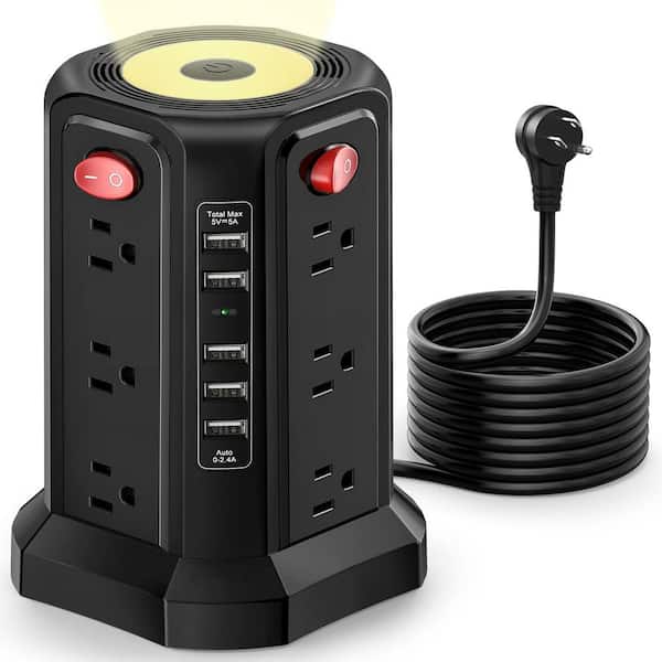 10 ft. Power Strip Tower 12-Outlet AC 1800 Joule Surge Protector Extension Cord with Night Light and 5 USB Ports
