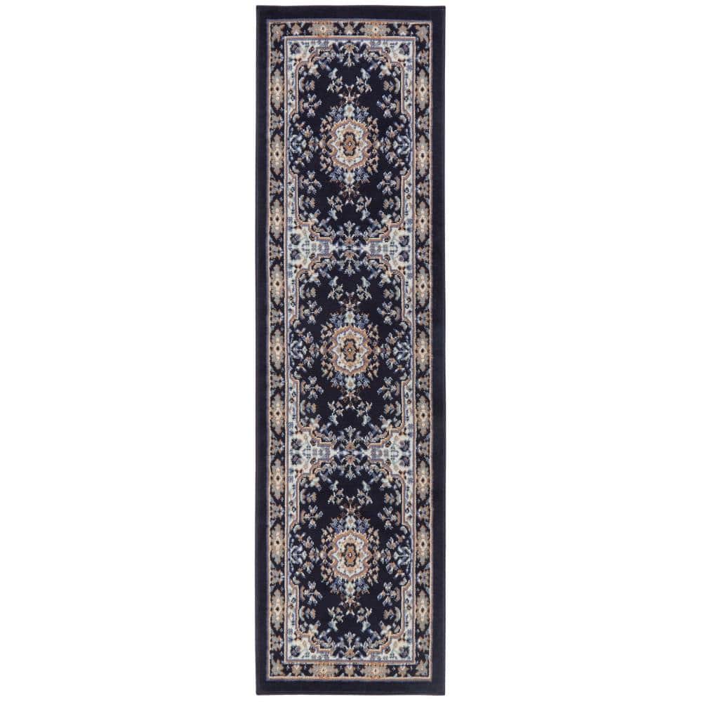 Navy Blue and Brown Synthetic Traditional Runner Rug