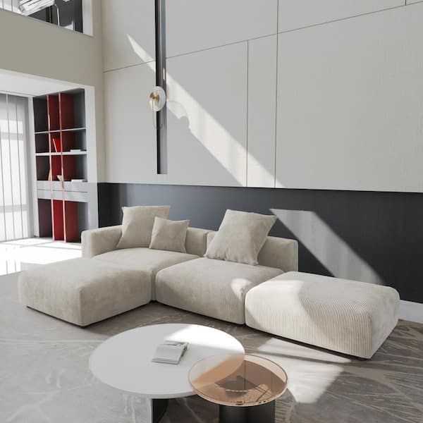 J&E Home 129.92 in. Square Arm Corduroy Velvet 4-Pieces Modular Free Combination Sectional Sofa with Ottoman in. Beige