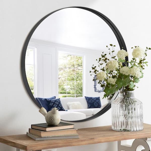 Dovelina 32 in. H x 32 in. W Round Deep Framed Mirror Aluminum Alloy Black Wall Mirror Decorative Mirror