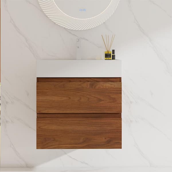 UPIKER Modern 23.6 in. W x 18.1 in. D x 24.4 in. H Floating Bath Vanity Cabinet in Brown Oak with White Resin Top