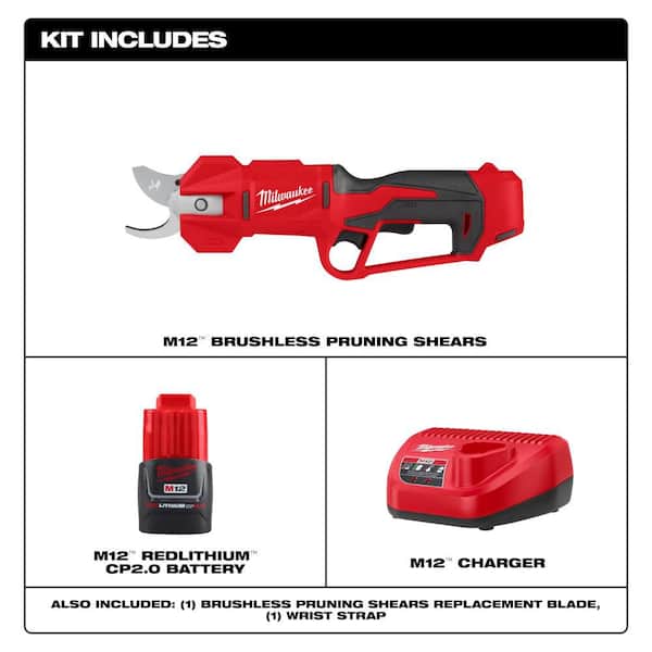 M12 12V Brushless Cordless Brushless Cordless Pruner Kit with Replacement Blades, 2.0 Ah Battery, and Charger