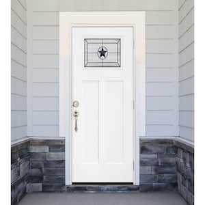 36 in. x 80 in. Legacy Series Alamo Toplite Decorative Glass White Primed LH Outswing Fiberglass Prehung Front Door