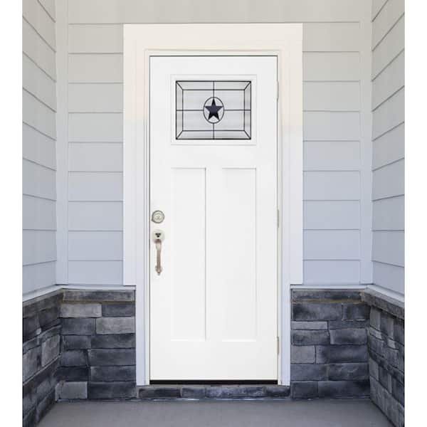 36 in. x 80 in. Legacy Series Alamo Toplite Decorative Glass White Primed LH Outswing Fiberglass Prehung Front Door