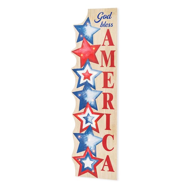 42 in. H Lighted Patriotic/ Americana Wooden Stacked Stars Porch Sign with Timer