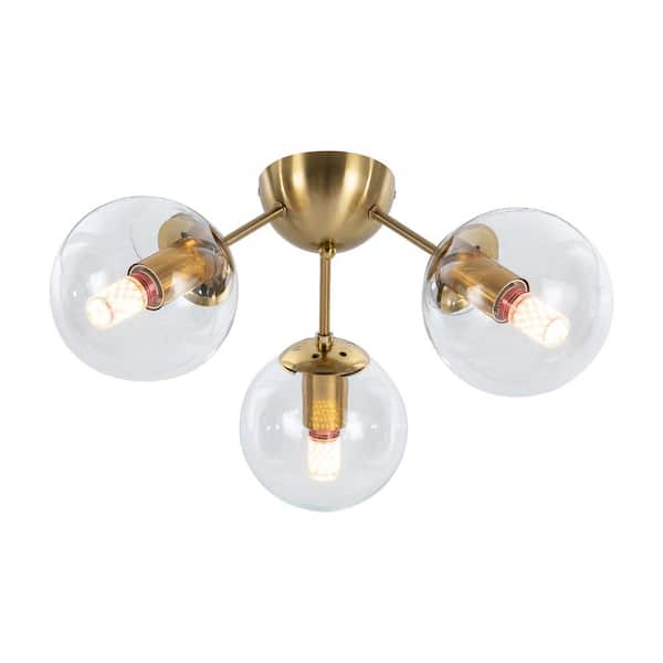 OUKANING 3-Light Gold Modern Semi-Flush Mount Ceiling Light with Clear Glass Shade and No Bulbs Included 16.53 in.