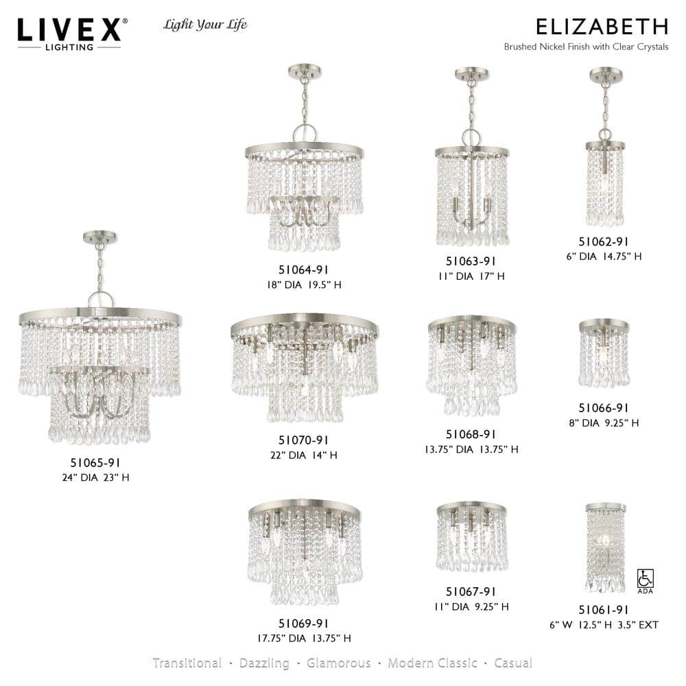 Elegant Elizabeth Brushed Nickel 3-Light Crystal Ceiling Mount