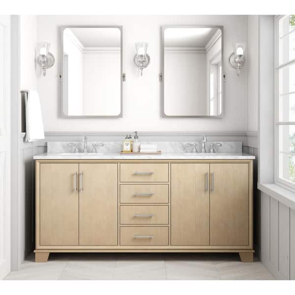 Home Decorators Collection Nanterre 72 in W x 22 in D x 36 in H Double Sink Bath Vanity in Desert Birch With White Marble Top