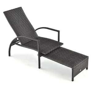 Mix Brown Outdoor Chaise Lounge Rattan Recliner with Retractable Ottoman for Patio