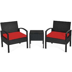 3-Piece Wicker Patio Conversation Set with Red Cushions and Compact Size Table