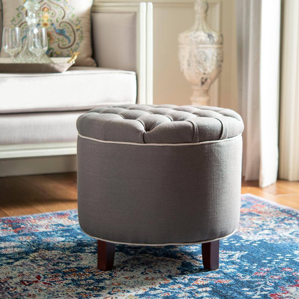 Amelia Gray Tufted Round Storage Ottoman with Oak Legs