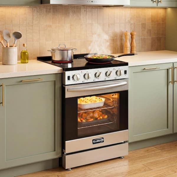 24 in. 4 Burner Elements Slide-In Electric Range Oven with Front Controls and Glass Top, 240-Volt in Stainless-Steel