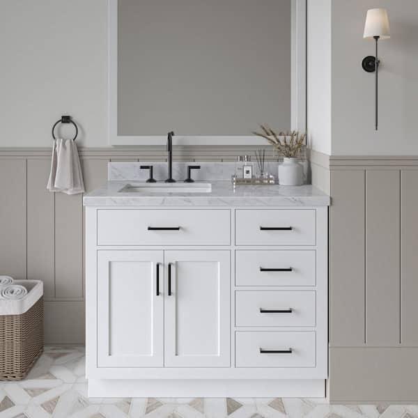 ARIEL Hepburn 43 in. W x 22 in. D x 36 in. H Bath Vanity in White with Carrara Marble Vanity Top in White with White Basin