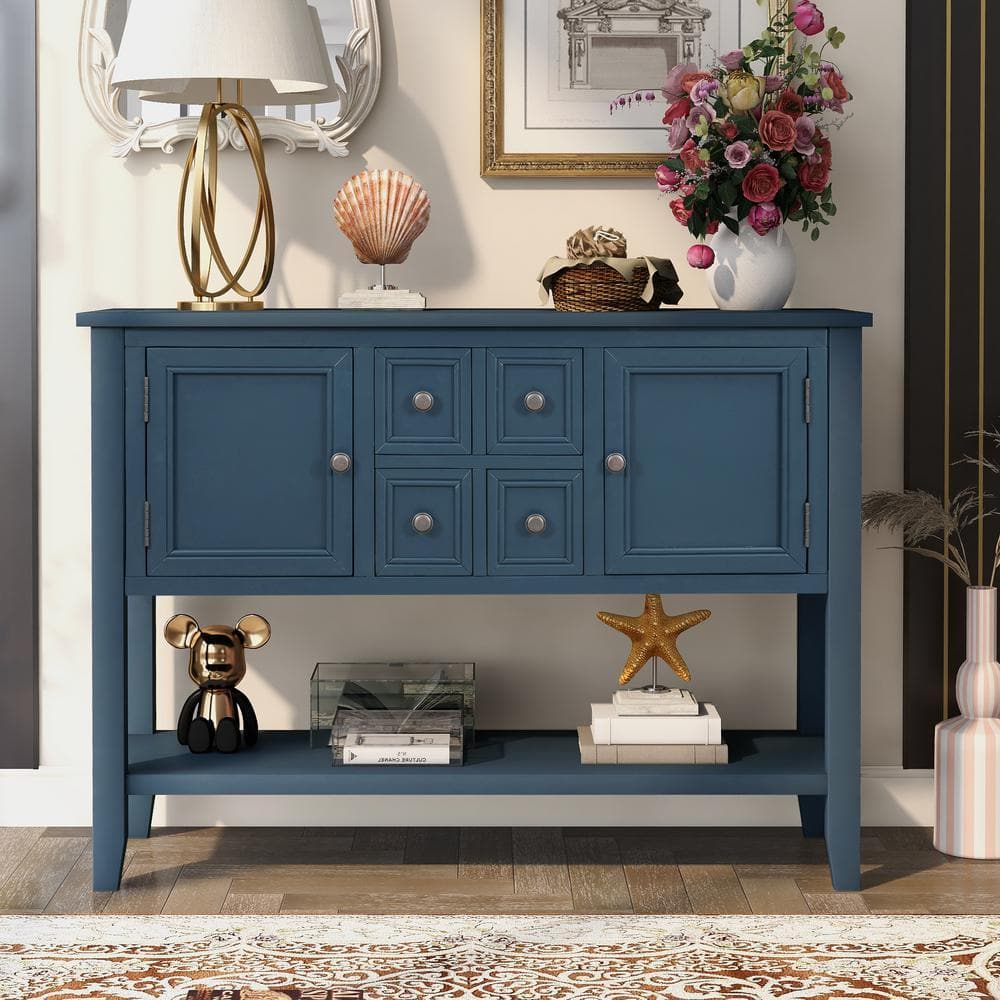 URTR 46 in. Antique Navy Rectangle Wood Console Sofa Table Buffet