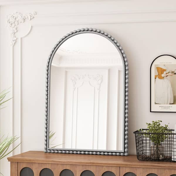 24 in. W x 35 in. H Silver Vintage Iron Arch Wall Mirror, Tabletop or Hanging Decor for Bedroom, Living Room
