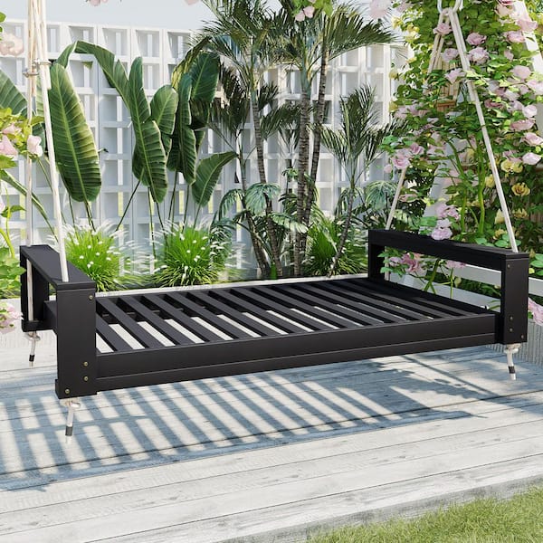 2 Person Black Solid Acacia Wood Twin Size Porch Swing Bed with 4 Hanging Ropes
