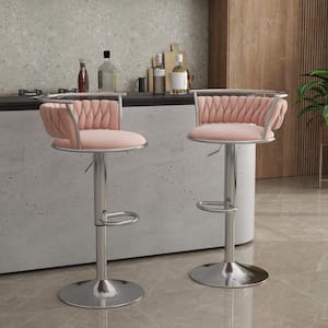 38.7 in. Swivel Adjustable Height Low Back Silver Metal Frame Bar Stool with Pink Velvet Seat Cushion (set of 2)