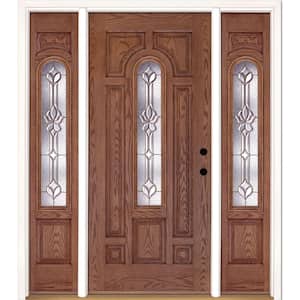 63.5 in.x81.625 in. Medina Brass Center Arch Lt Stained Medium Oak Left-Hand Fiberglass Prehung Front Door w/Sidelites