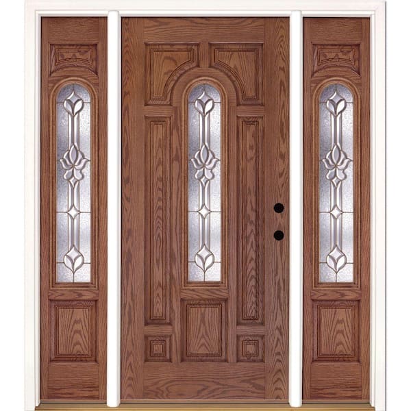 Feather River Doors 63.5 in.x81.625 in. Medina Brass Center Arch Lt Stained Medium Oak Left-Hand Fiberglass Prehung Front Door w/Sidelites