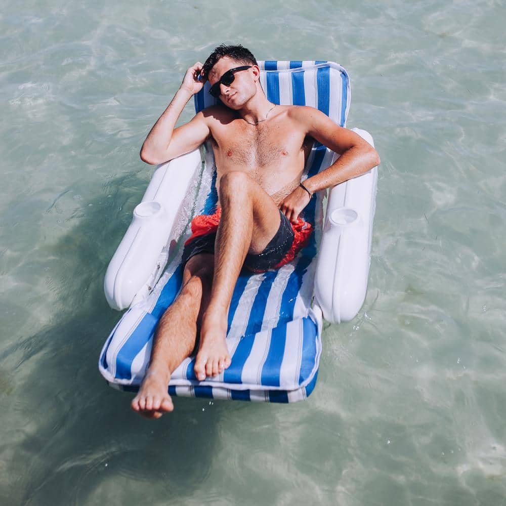 Blue and White Striped Padded Floating Pool Lounger with Cup Holders