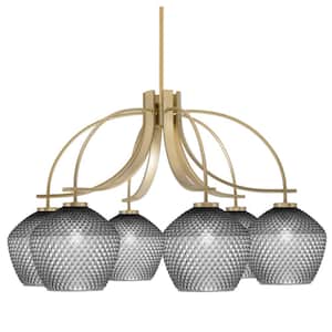 Olympia 20 in. 6-Light New Age Brass Downlight Chandelier Smoke Textured Glass Shade