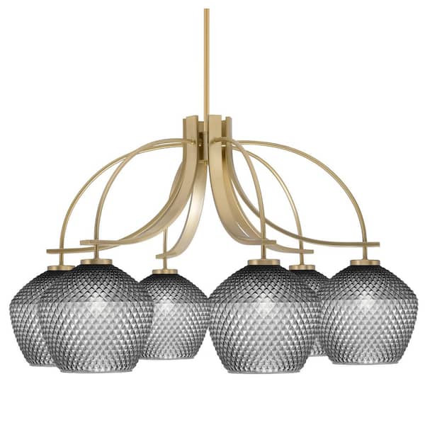 Unbranded Olympia 20 in. 6-Light New Age Brass Downlight Chandelier Smoke Textured Glass Shade
