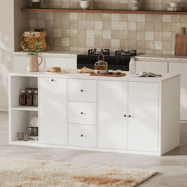 White Finish Engineered Wood Top 78.7 in. Kitchen Island with Deep Storage Cabinets, Pull-Out Trash Bin,Spacious Drawers