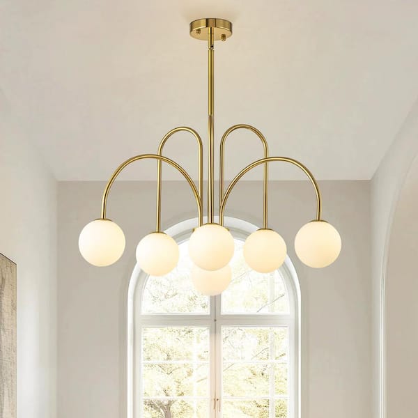 RRTYO Finchley 6-Light Gold Modern Linear Sputnik Chandelier with Milky White Frosted Bubble Globe Glass Shade