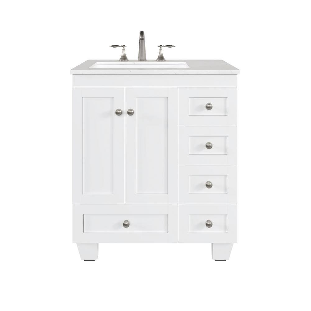 White Solid Wood Bathroom Vanity with Carrara Quartz Top and Sink