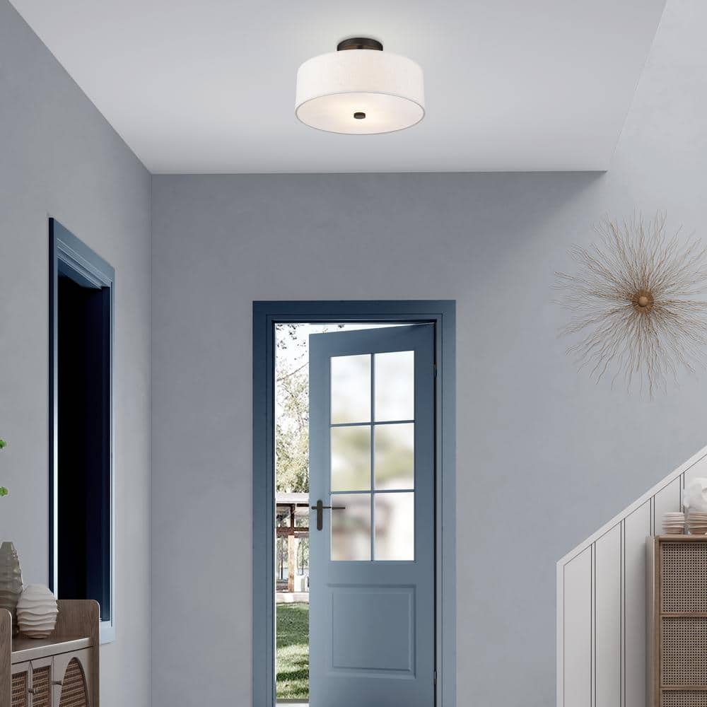 Meridian English Bronze 13" Drum Semi-Flush Mount with Oatmeal Fabric Shade