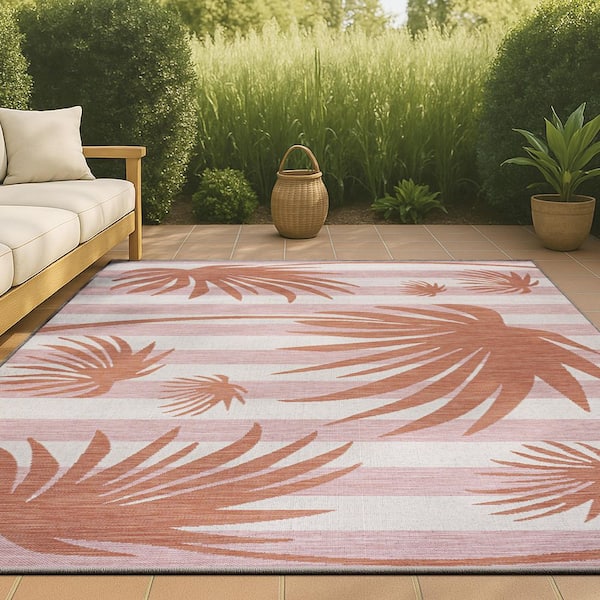 Veronica Classic Beach Stripe and Palm Leaf Pink/Cream 5 ft. x 8 ft. Indoor/Outdoor Area Rug