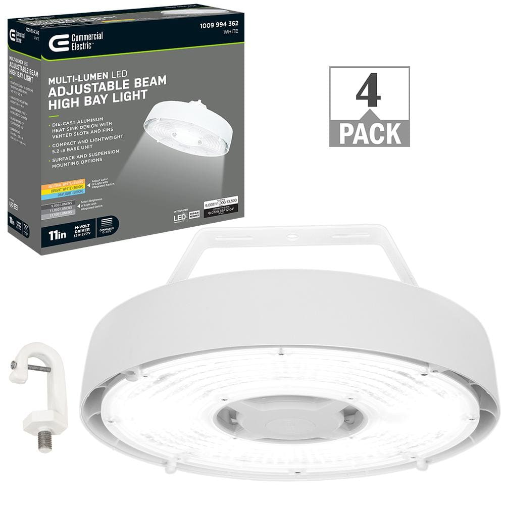 11 in.  Adjustable CCT Lumens 100-Watt Lightweight Round Integrated LED High Bay Light 120-277V (4-Pack) -  Commercial Electric, 502531311-4PK