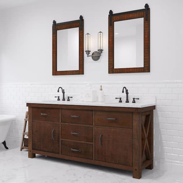 Aberdeen 72 in. W x 22 in. D Vanity in Rustic Sienna with Marble Vanity Top in White with White Basin and Mirror