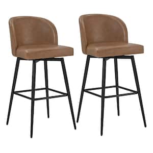Cynthia 30 in. Saddle Brown High Back Metal Swivel Bar Stool with Faux Leather Seat (Set of 2)